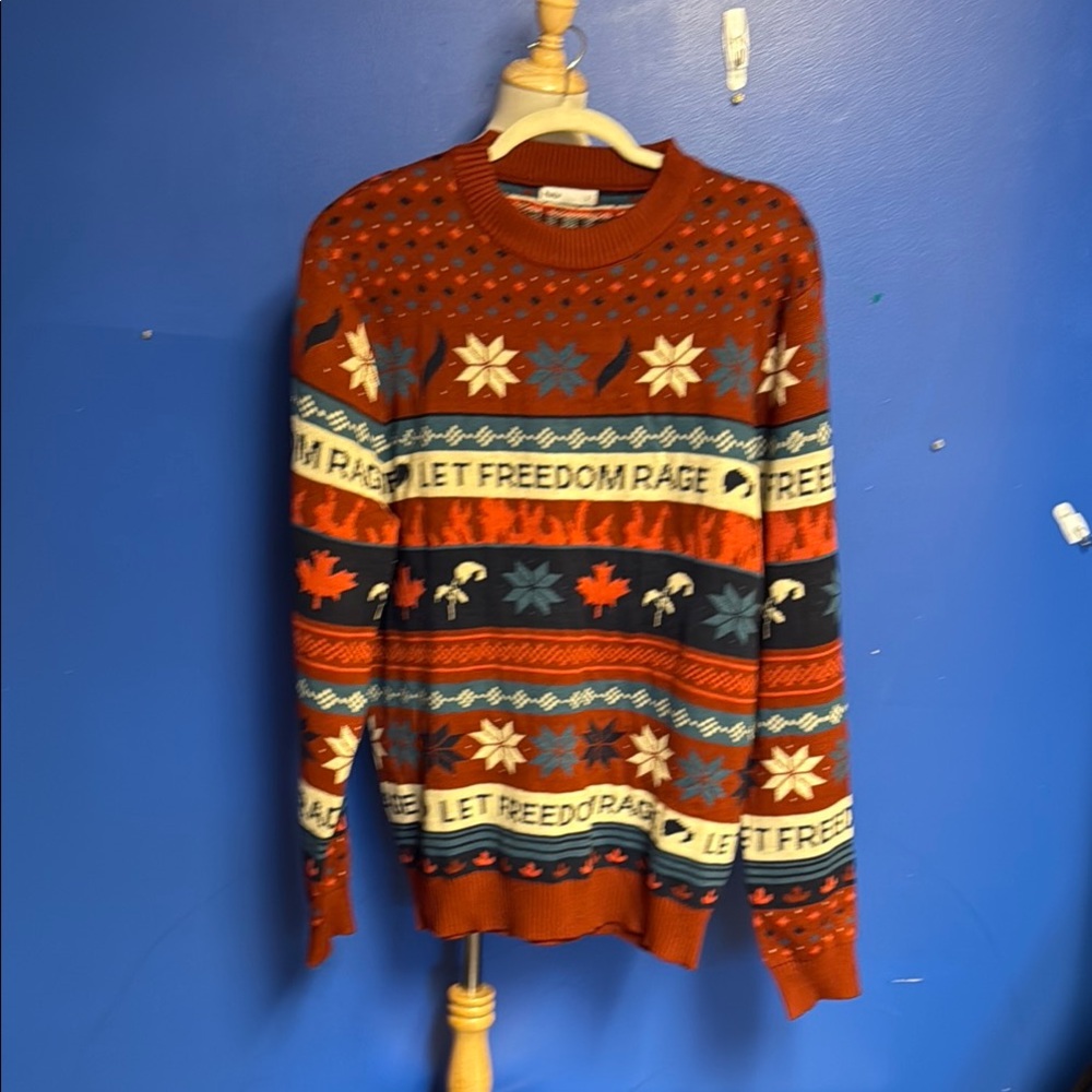 Orange and Blue Crewneck Sweater with Fair Isle Pattern